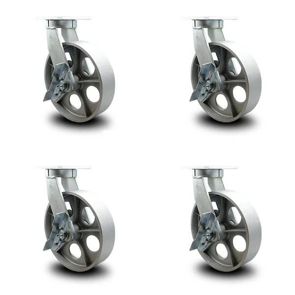 10 Inch Heavy Duty Semi Steel Cast Iron Swivel Caster Set with Brakes SCC, 4PK